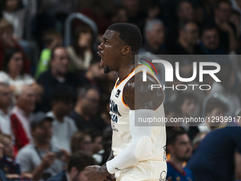 Dylan Ennis, a player for UCAM Murcia, celebrates a play during Matchday 5 of the Liga ACB Endesa Spanish Basketball League between FC Barce... by Ruben De La Rosa/NurPhoto