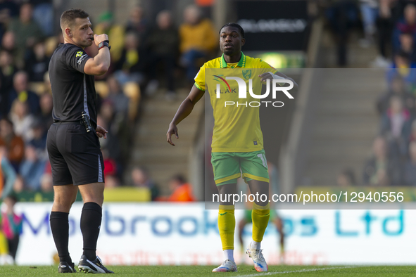 Forson Amankwah of Norwich City reacts during the Sky Bet Championship match between Norwich City and Hull City at Carrow Road in Norwich, E... by MI News/NurPhoto