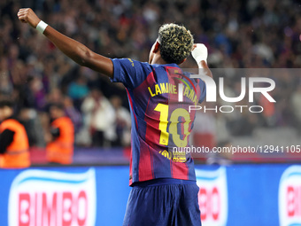 Lamine Yamal celebrates during the match between FC Barcelona and Elche CF, corresponding to week 11 of LaLiga EA Sports, played at the Llui... by Urbanandsport/NurPhoto