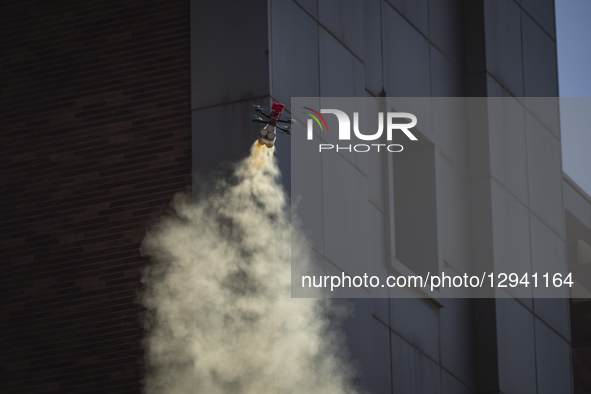 A smart drone flies over an area in a competition during Iran's 2025 Tech Olympics at Pardis Technology Park, east of Tehran, Iran, on Octob... by Morteza Nikoubazl/NurPhoto