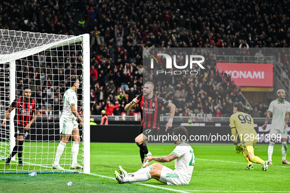 Strahinja Pavlovic of AC Milan celebrates after a goal during the Italian Serie A football match between AC Milan and AS Roma at Giuseppe Me... by Tiziano Ballabio/NurPhoto