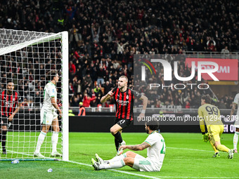 Strahinja Pavlovic of AC Milan celebrates after a goal during the Italian Serie A football match between AC Milan and AS Roma at Giuseppe Me... by Tiziano Ballabio/NurPhoto