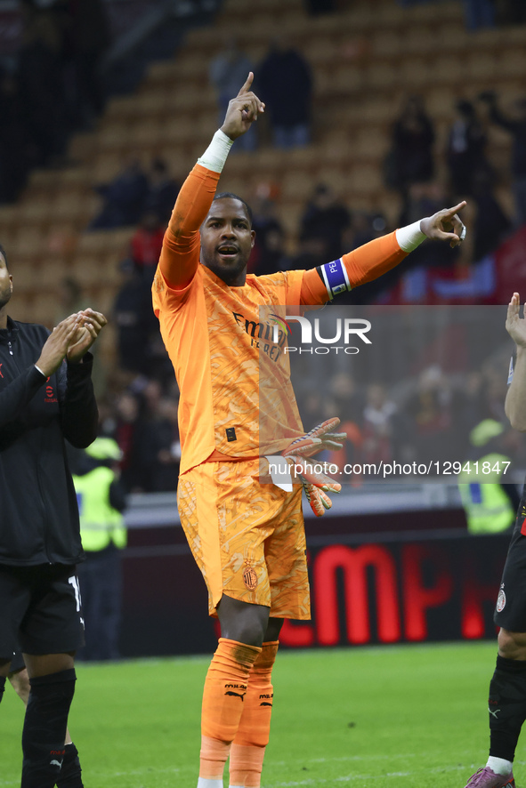 Mike Maignan celebrates the victory during the Serie A match between AC Milan and AS Roma at Giuseppe Meazza stadium in Milano, Italy, on No... by Mairo Cinquetti/NurPhoto