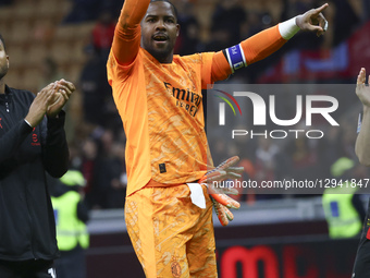 Mike Maignan celebrates the victory during the Serie A match between AC Milan and AS Roma at Giuseppe Meazza stadium in Milano, Italy, on No... by Mairo Cinquetti/NurPhoto