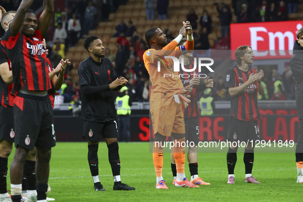Mike Maignan celebrates the victory during the Serie A match between AC Milan and AS Roma at Giuseppe Meazza stadium in Milano, Italy, on No... by Mairo Cinquetti/NurPhoto