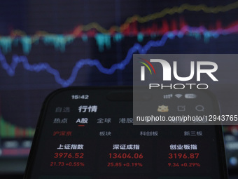 The closing points of the Shanghai Composite Index of China display on a smartphone with the stock curve chart in the background in Haian, J... by Costfoto/NurPhoto