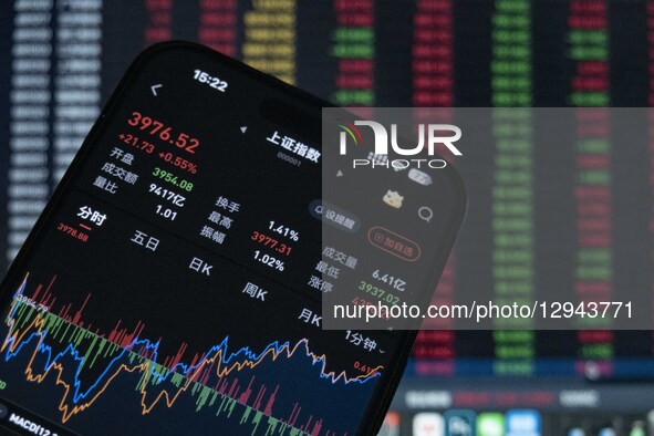 The closing points of the Shanghai Composite Index of China display on a smartphone with the stock curve chart in the background in Haian, J... by Costfoto/NurPhoto