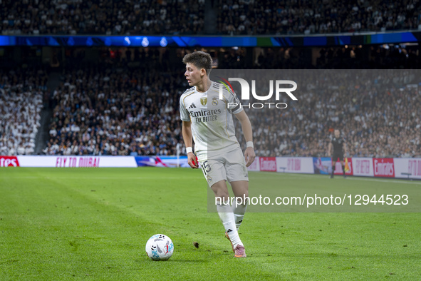 Arda Guler of Real Madrid plays with the ball during the LaLiga EA Sports football match between Real Madrid CF and Valencia CF at Estadio S... by Alberto Gardin/NurPhoto