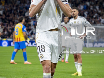 Alvaro Carreras of Real Madrid celebrates his goal during the LaLiga EA Sports football match between Real Madrid CF and Valencia CF at Esta... by Alberto Gardin/NurPhoto