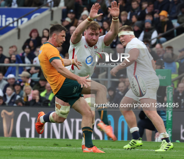 L-R Australia's Jake Gordon (Canterbury Juniors), England's Ollie Chessum (Leicester Tigers), and England's Fin Baxter (Harlequins) are in a...