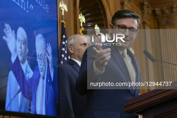 US House Speaker Mike Johnson speaks about Day 34 of the Government Shutdown during a press conference in Washington DC, USA, on November 3,... by Lenin Nolly/NurPhoto