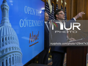 US House Speaker Mike Johnson speaks about Day 34 of the Government Shutdown during a press conference in Washington DC, USA, on November 3,... by Lenin Nolly/NurPhoto