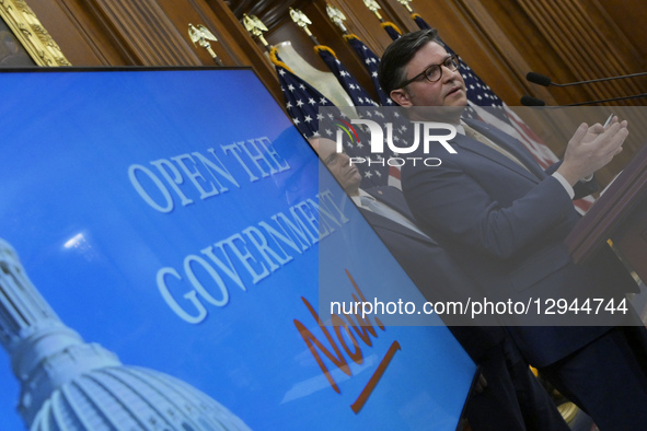 US House Speaker Mike Johnson speaks about Day 34 of the Government Shutdown during a press conference in Washington DC, USA, on November 3,... by Lenin Nolly/NurPhoto