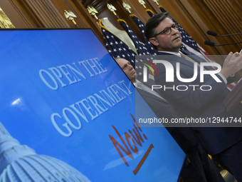 US House Speaker Mike Johnson speaks about Day 34 of the Government Shutdown during a press conference in Washington DC, USA, on November 3,... by Lenin Nolly/NurPhoto