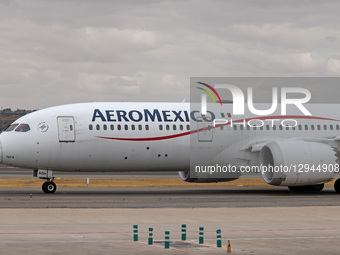 An Aeromexico Boeing 787-9 Dreamliner is on the runway after landing at Adolfo Suarez Airport in Madrid, Spain, on October 12, 2025.  by Urbanandsport/NurPhoto