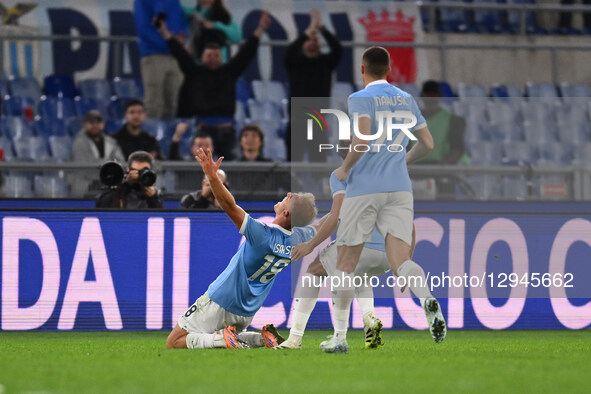 Gustav Isaksen of S.S. Lazio celebrates after scoring the goal of 1-0 during the 10th day of the Serie A Championship between S.S. Lazio and... by Domenico Cippitelli/NurPhoto