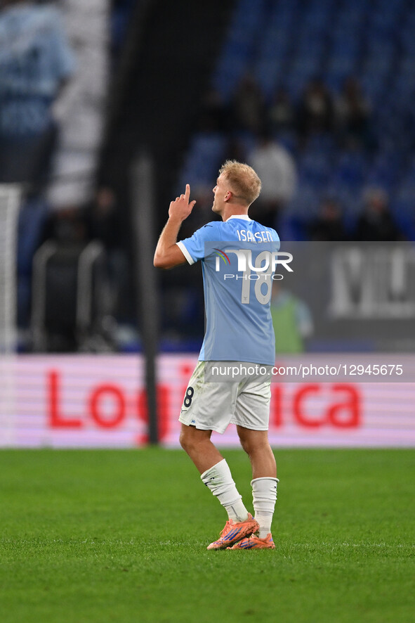 Gustav Isaksen of S.S. Lazio celebrates after scoring the goal of 1-0 during the 10th day of the Serie A Championship between S.S. Lazio and... by Domenico Cippitelli/NurPhoto