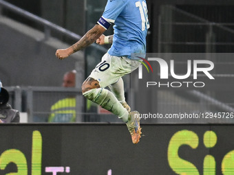 Mattia Zaccagni of S.S. Lazio celebrates after scoring the goal to make it 2-0 during the 10th day of the Serie A Championship between S.S.... by Domenico Cippitelli/NurPhoto