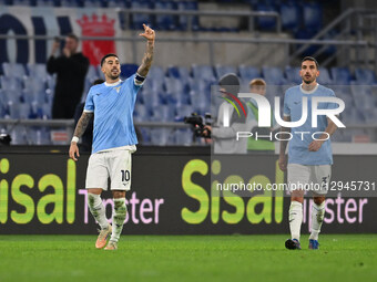 Mattia Zaccagni of S.S. Lazio celebrates after scoring the goal to make it 2-0 during the 10th day of the Serie A Championship between S.S.... by Domenico Cippitelli/NurPhoto