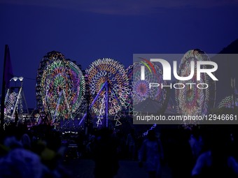 An illuminated view of swings at the fair in Pushkar, Rajasthan, India, on November 3, 2025.  by Himanshu Sharma/NurPhoto