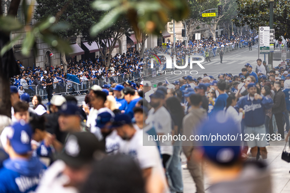 Dodgers fans wait for the Dodgers World Championship Parade and Celebration to start in Los Angeles, CA, on November 3, 2025.  by J.W. Hendricks/NurPhoto