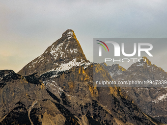 A close-up view captures the rugged, snow-dusted peaks of the Zugspitze massif in the Wetterstein Mountains near Ehrwald, Tyrol, Austria, on... by Michael Nguyen/NurPhoto