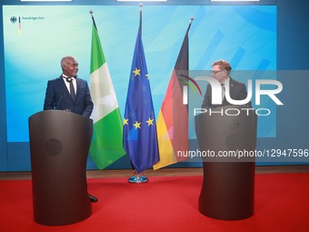 Foreign Minister Johann Wadephul and Nigerian Foreign Minister Yusuf Tuggar speak to media representatives at a press conference following t... by Christian Marquardt/NurPhoto