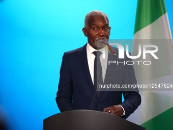 Foreign Minister Johann Wadephul and Nigerian Foreign Minister Yusuf Tuggar speak to media representatives at a press conference following t... by Christian Marquardt/NurPhoto