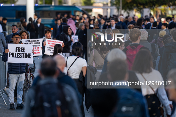 Dozens of pro-Palestinian activists protest with signs at the entrance to the Fira venue, where the Smart City Congress is held, in Barcelon... by Marc Asensio/NurPhoto