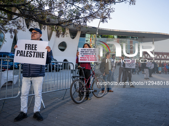 Dozens of pro-Palestinian activists protest with signs at the entrance to the Fira venue, where the Smart City Congress is held, in Barcelon... by Marc Asensio/NurPhoto
