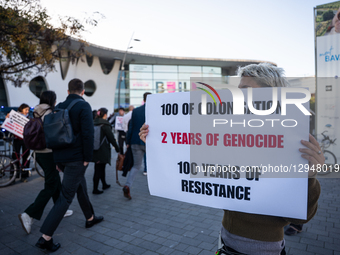 Dozens of pro-Palestinian activists protest with signs at the entrance to the Fira venue, where the Smart City Congress is held, in Barcelon... by Marc Asensio/NurPhoto