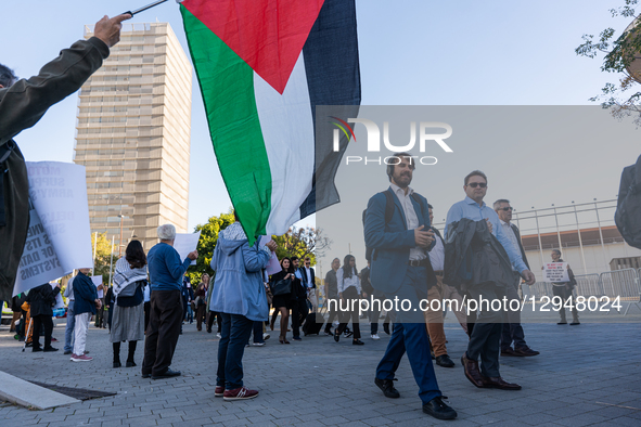 Dozens of pro-Palestinian activists protest with signs at the entrance to the Fira venue, where the Smart City Congress is held, in Barcelon... by Marc Asensio/NurPhoto