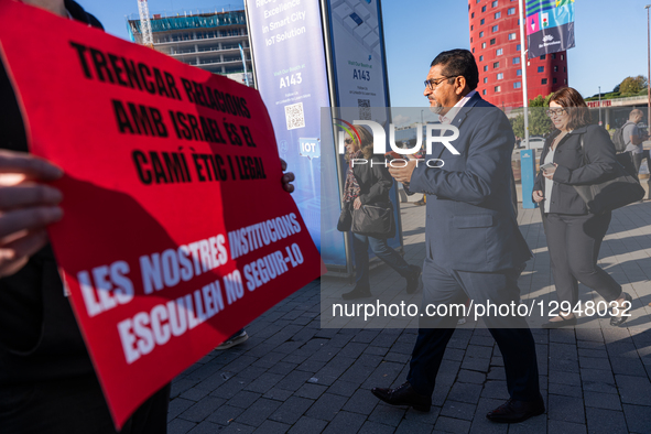Dozens of pro-Palestinian activists protest with signs at the entrance to the Fira venue, where the Smart City Congress is held, in Barcelon... by Marc Asensio/NurPhoto