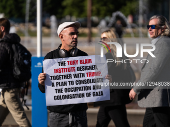 Dozens of pro-Palestinian activists protest with signs at the entrance to the Fira venue, where the Smart City Congress is held, in Barcelon... by Marc Asensio/NurPhoto