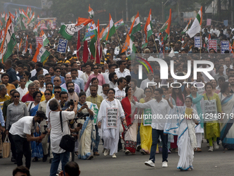 Trinamool Congress (TMC) party's chairperson and India's West Bengal state chief minister Mamata Banerjee, along with TMC national general s... by Debajyoti Chakraborty/NurPhoto