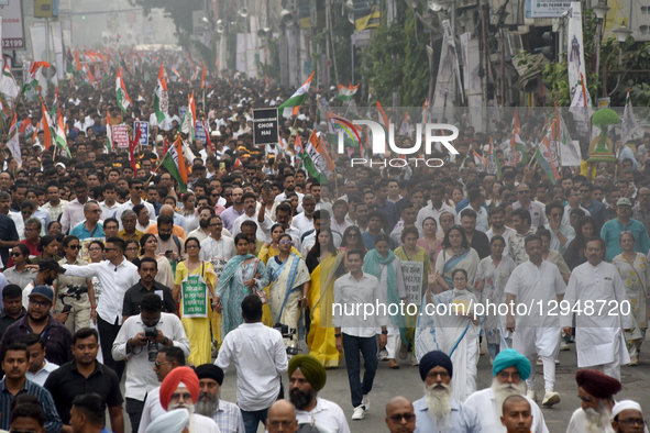 Trinamool Congress (TMC) party's chairperson and India's West Bengal state chief minister Mamata Banerjee, along with TMC national general s... by Debajyoti Chakraborty/NurPhoto