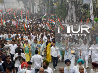 Trinamool Congress (TMC) party's chairperson and India's West Bengal state chief minister Mamata Banerjee, along with TMC national general s... by Debajyoti Chakraborty/NurPhoto