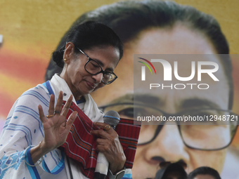Trinamool Congress (TMC) party's chairperson and India's West Bengal state chief minister Mamata Banerjee leads a rally against the Special... by Debajyoti Chakraborty/NurPhoto