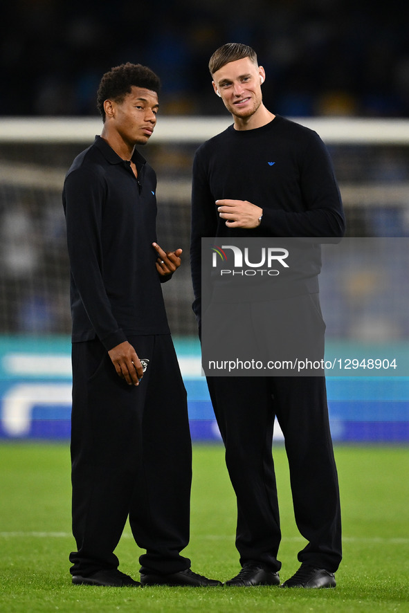 David Neres and Sam Beukema of S.S.C. Napoli participate in the UEFA Champions League phase day 4 football match between S.S.C. Napoli and E... by Domenico Cippitelli/NurPhoto
