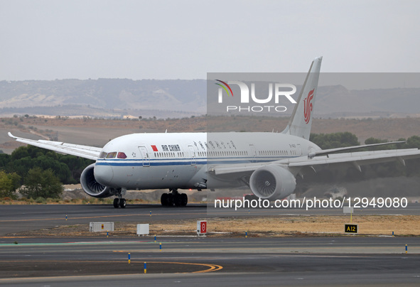 An Air China Boeing 787-9 Dreamliner is on the runway after landing at Adolfo Suarez Airport in Madrid, Spain, on October 12, 2025.  by Urbanandsport/NurPhoto