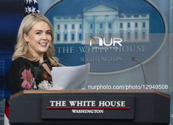 White House Press Secretary Karoline Leavitt takes questions during a press briefing on the government shutdown in the Brady Briefing Room o... by Andrew Thomas/NurPhoto