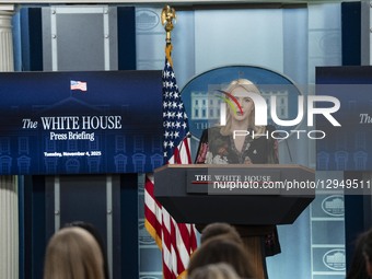 White House Press Secretary Karoline Leavitt takes questions during a press briefing on the government shutdown in the Brady Briefing Room o... by Andrew Thomas/NurPhoto