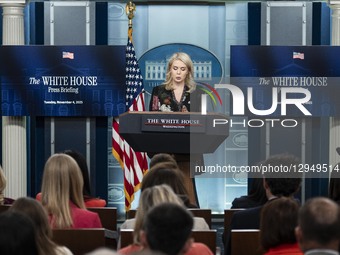 White House Press Secretary Karoline Leavitt takes questions during a press briefing on the government shutdown in the Brady Briefing Room o... by Andrew Thomas/NurPhoto