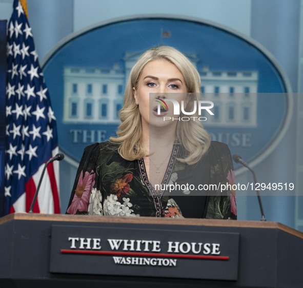 White House Press Secretary Karoline Leavitt takes questions during a press briefing on the government shutdown in the Brady Briefing Room o... by Andrew Thomas/NurPhoto