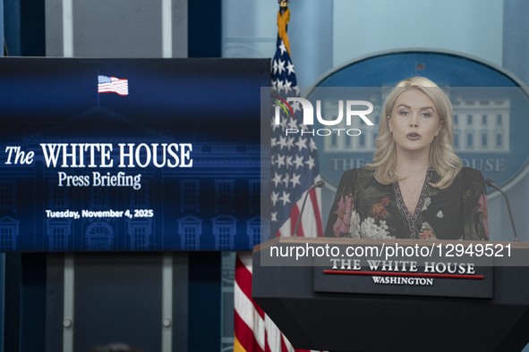 White House Press Secretary Karoline Leavitt takes questions during a press briefing on the government shutdown in the Brady Briefing Room o... by Andrew Thomas/NurPhoto
