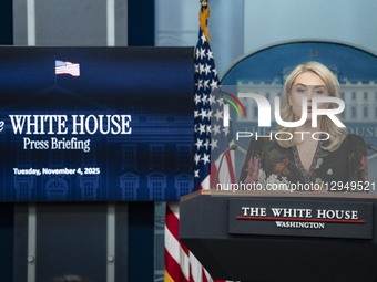 White House Press Secretary Karoline Leavitt takes questions during a press briefing on the government shutdown in the Brady Briefing Room o... by Andrew Thomas/NurPhoto
