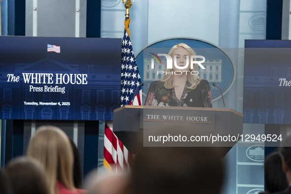 White House Press Secretary Karoline Leavitt takes questions during a press briefing on the government shutdown in the Brady Briefing Room o... by Andrew Thomas/NurPhoto