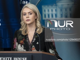White House Press Secretary Karoline Leavitt takes questions during a press briefing on the government shutdown in the Brady Briefing Room o... by Andrew Thomas/NurPhoto