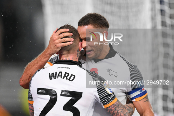 Carlton Morris of Derby County celebrates with teammates after scoring a goal to make it 1-0 during the Sky Bet Championship match between D... by MI News/NurPhoto