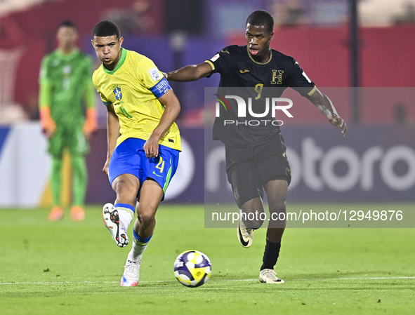 Luis Eduardo of Brazil and David Flores of Honduras are in action during the FIFA U-17 World Cup Qatar 2025 Group H match between Brazil and... by Noushad Thekkayil/NurPhoto